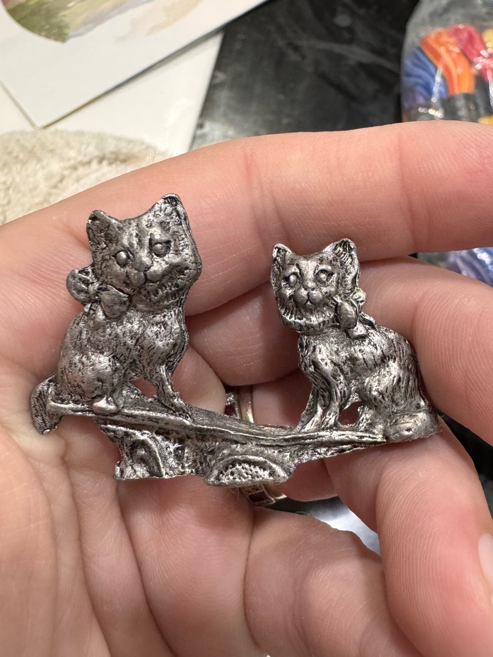 Vintage Handmade Mini Pewter Cat Figurine- Two Cats on A Seesaw